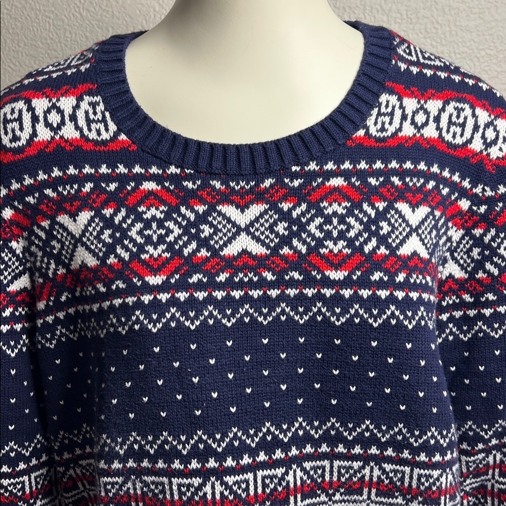 Tommy Hilfiger Fair Isle Knit Sweater XL Navy Red White Nordic Pattern Crewneck - Picture 2 of 8